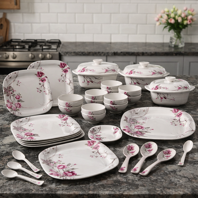 40 Pcs Melamine Dinner Set | Square Design with Dinner Plates, Small Plates, Serving Tray, Bowls with Lids, Spoons & Serving Spoons | Unbreakable & Lightweight Dinnerware (Cherry Blossom)