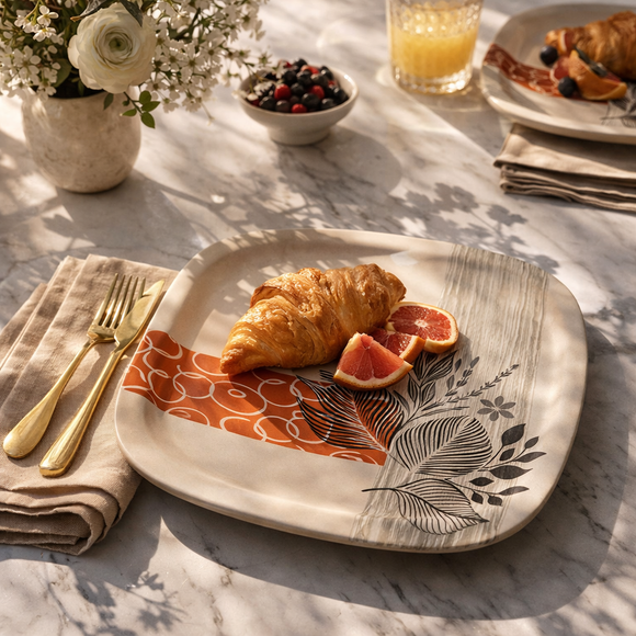 32 Pcs Melamine Dinner Set | Square Design with Dinner Plates, Small Plates, Serving Tray, Bowls with Lids, Spoons & Serving Spoons | Unbreakable & Lightweight Dinnerware (Petal Grove)