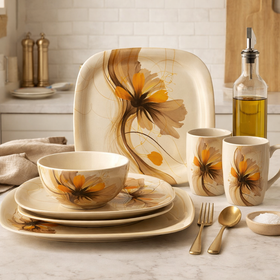 32 Pcs Melamine Dinner Set | Square Design with Dinner Plates, Small Plates, Serving Tray, Bowls with Lids, Spoons & Serving Spoons | Unbreakable & Lightweight Dinnerware (Blush Haven)