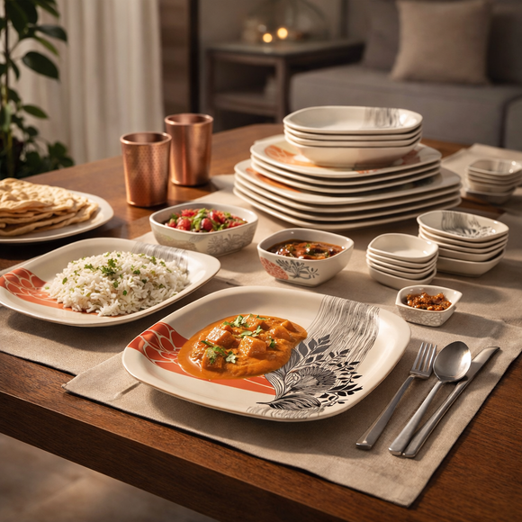 32 Pcs Melamine Dinner Set | Square Design with Dinner Plates, Small Plates, Serving Tray, Bowls with Lids, Spoons & Serving Spoons | Unbreakable & Lightweight Dinnerware (Petal Grove)