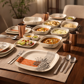 24 Pcs Melamine Dinner Set | Square Design with Dinner Plates, Small Plates, Serving Tray, Bowls with Lids, Spoons & Serving Spoons | Unbreakable & Lightweight Dinnerware (Petal Grove)