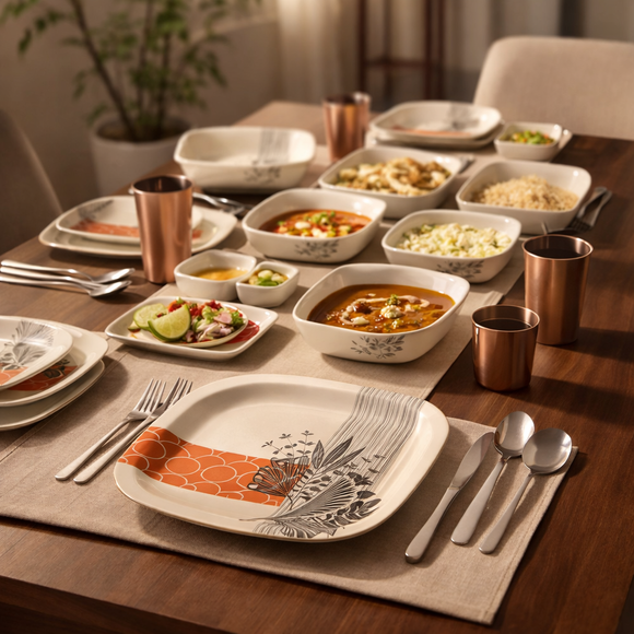 32 Pcs Melamine Dinner Set | Square Design with Dinner Plates, Small Plates, Serving Tray, Bowls with Lids, Spoons & Serving Spoons | Unbreakable & Lightweight Dinnerware (Petal Grove)