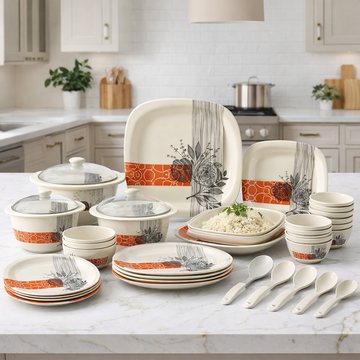 40 Pcs Melamine Dinner Set | Square Design with Dinner Plates, Small Plates, Serving Tray, Bowls with Lids, Spoons & Serving Spoons | Unbreakable & Lightweight Dinnerware (Petal Grove)