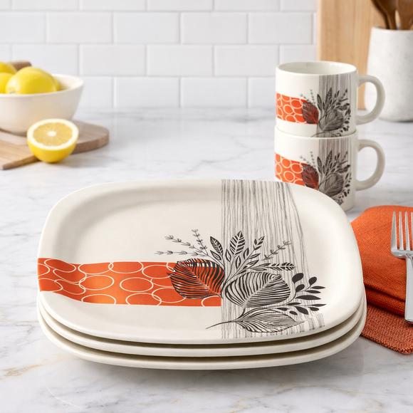 32 Pcs Melamine Dinner Set | Square Design with Dinner Plates, Small Plates, Serving Tray, Bowls with Lids, Spoons & Serving Spoons | Unbreakable & Lightweight Dinnerware (Petal Grove)