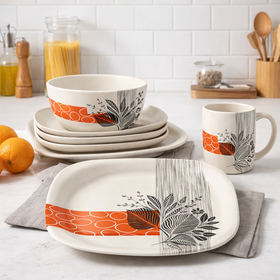 24 Pcs Melamine Dinner Set | Square Design with Dinner Plates, Small Plates, Serving Tray, Bowls with Lids, Spoons & Serving Spoons | Unbreakable & Lightweight Dinnerware (Petal Grove) - 0