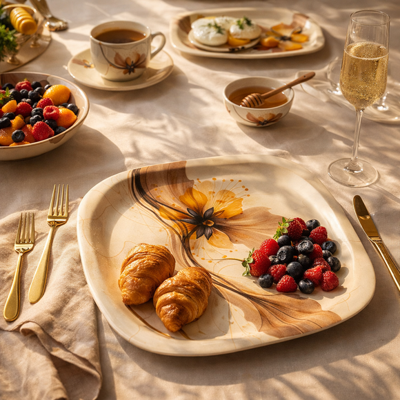 24 Pcs Melamine Dinner Set | Square Design with Dinner Plates, Small Plates, Serving Tray, Bowls with Lids, Spoons & Serving Spoons | Unbreakable & Lightweight Dinnerware (Blush Haven)