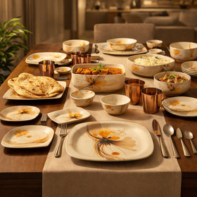 24 Pcs Melamine Dinner Set | Square Design with Dinner Plates, Small Plates, Serving Tray, Bowls with Lids, Spoons & Serving Spoons | Unbreakable & Lightweight Dinnerware (Blush Haven)