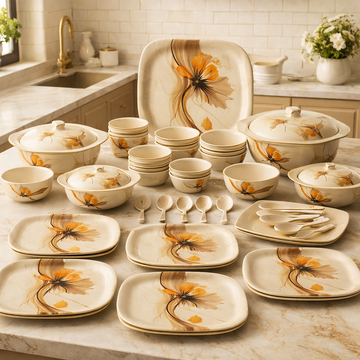 24 Pcs Melamine Dinner Set | Square Design with Dinner Plates, Small Plates, Serving Tray, Bowls with Lids, Spoons & Serving Spoons | Unbreakable & Lightweight Dinnerware (Blush Haven) - 0