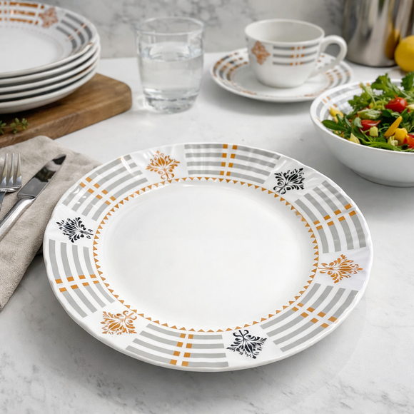 40 Pcs Melamine Dinner Set | Round Design with Dinner Plates, Small Plates, Serving Tray, Bowls with Lids, Spoons & Serving Spoons | Unbreakable & Lightweight Dinnerware (Royal Magic)
