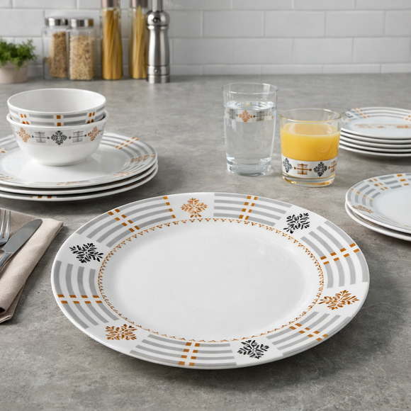 40 Pcs Melamine Dinner Set | Round Design with Dinner Plates, Small Plates, Serving Tray, Bowls with Lids, Spoons & Serving Spoons | Unbreakable & Lightweight Dinnerware (Royal Magic)