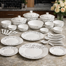 40 Pcs Melamine Dinner Set | Round Design with Dinner Plates, Small Plates, Serving Tray, Bowls with Lids, Spoons & Serving Spoons | Unbreakable & Lightweight Dinnerware (Black Fern)