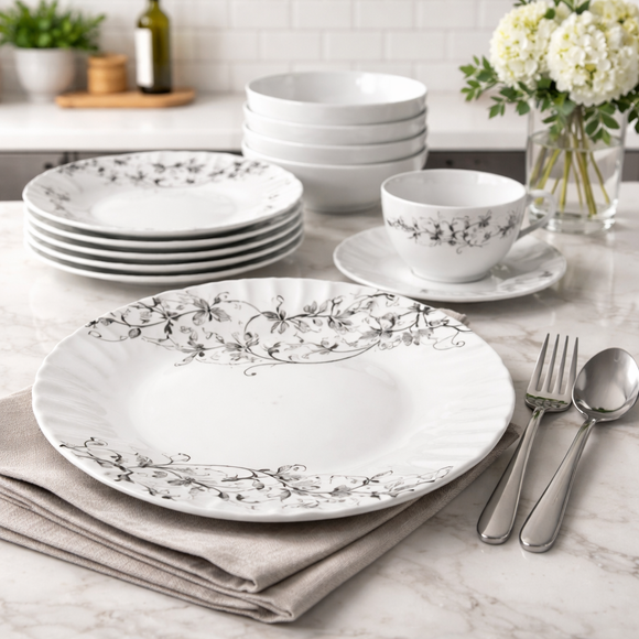 40 Pcs Melamine Dinner Set | Round Design with Dinner Plates, Small Plates, Serving Tray, Bowls with Lids, Spoons & Serving Spoons | Unbreakable & Lightweight Dinnerware (Black Fern)