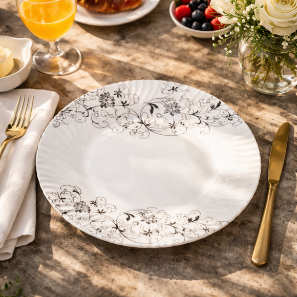 40 Pcs Melamine Dinner Set | Round Design with Dinner Plates, Small Plates, Serving Tray, Bowls with Lids, Spoons & Serving Spoons | Unbreakable & Lightweight Dinnerware (Black Fern)