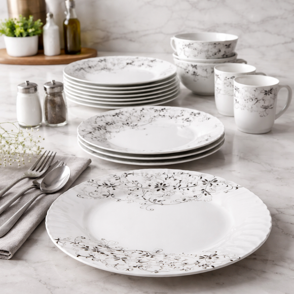 40 Pcs Melamine Dinner Set | Round Design with Dinner Plates, Small Plates, Serving Tray, Bowls with Lids, Spoons & Serving Spoons | Unbreakable & Lightweight Dinnerware (Black Fern)