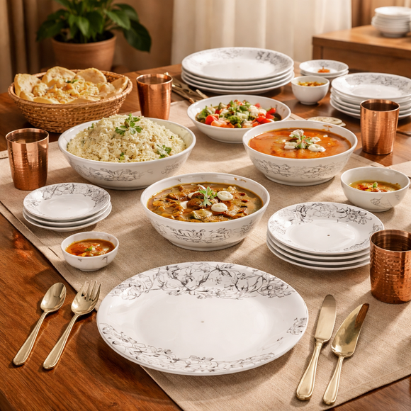 40 Pcs Melamine Dinner Set | Round Design with Dinner Plates, Small Plates, Serving Tray, Bowls with Lids, Spoons & Serving Spoons | Unbreakable & Lightweight Dinnerware (Black Fern)