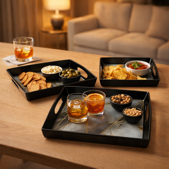 Comfy Homes™ Premium Multi-Purpose Melamine Tray Set (Set of 3)(Small, Medium & Large) (White Pyramids)