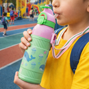 Kids Smart Sipper Bottle with Button-Open Lid, Neck Strap & Helicopter Cap Design (Green Dolphin)-2