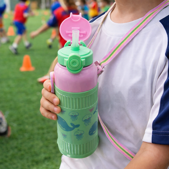 Kids Smart Sipper Bottle with Button-Open Lid, Neck Strap & Helicopter Cap Design (Green Dolphin)