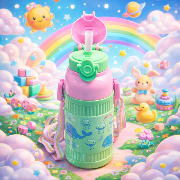 Kids Smart Sipper Bottle with Button-Open Lid, Neck Strap & Helicopter Cap Design (Green Dolphin)