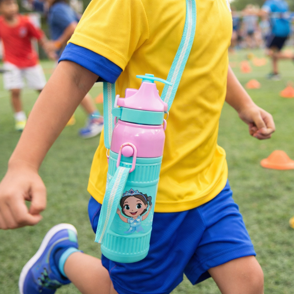 Kids Smart Sipper Bottle with Button-Open Lid, Neck Strap & Helicopter Cap Design (Princess Edition)
