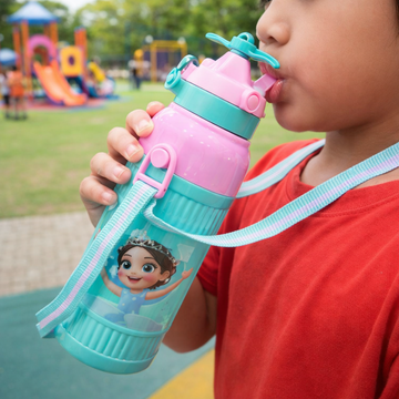 Kids Smart Sipper Bottle with Button-Open Lid, Neck Strap & Helicopter Cap Design (Princess Edition) - 0