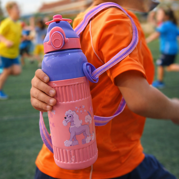 Kids Smart Sipper Bottle with Button-Open Lid, Neck Strap & Helicopter Cap Design (Pink Fairy)