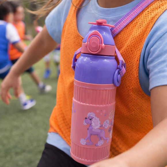 Kids Smart Sipper Bottle with Button-Open Lid, Neck Strap & Helicopter Cap Design (Pink Fairy)