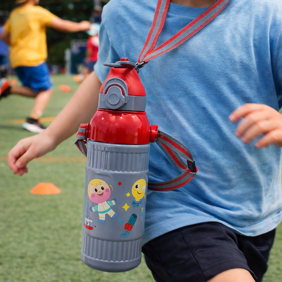 Kids Smart Sipper Bottle with Button-Open Lid, Neck Strap & Helicopter Cap Design (Mr Aerospace)