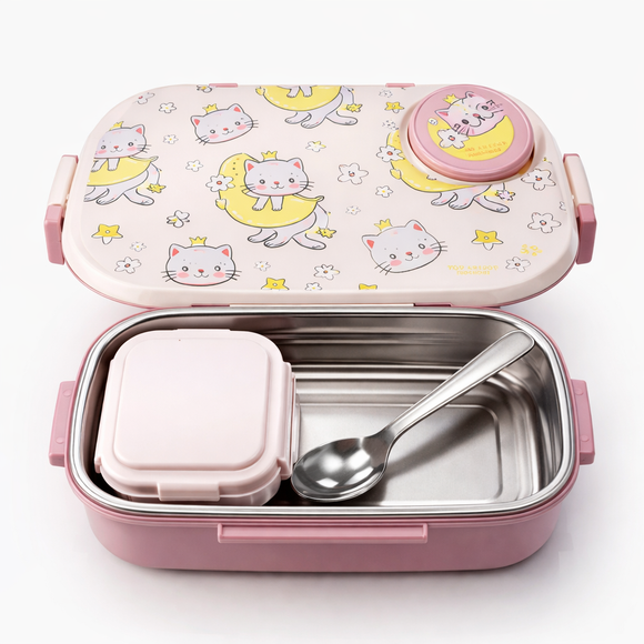 Insulated Steel Lunch Box 500ml with Sweet Box & Spoon | Leak-Proof Kids Tiffin | Hot & Fresh Meals On-the-Go (Pinky Cat)