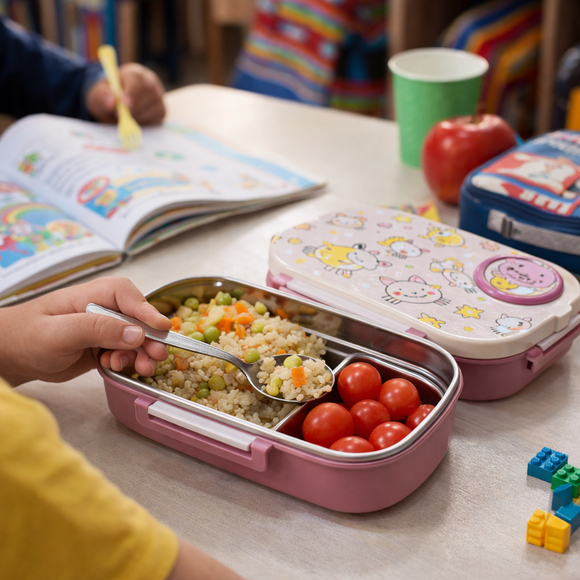 Insulated Steel Lunch Box 500ml with Sweet Box & Spoon | Leak-Proof Kids Tiffin | Hot & Fresh Meals On-the-Go (Pinky Cat)