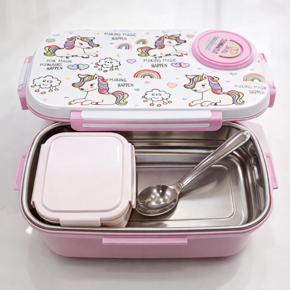Insulated Steel Lunch Box 500ml with Sweet Box & Spoon | Leak-Proof Kids Tiffin | Hot & Fresh Meals On-the-Go (White Unicorn)