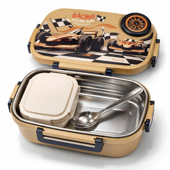 Insulated Steel Lunch Box 500ml with Sweet Box & Spoon | Leak-Proof Kids Tiffin | Hot & Fresh Meals On-the-Go (Yellow Racer)