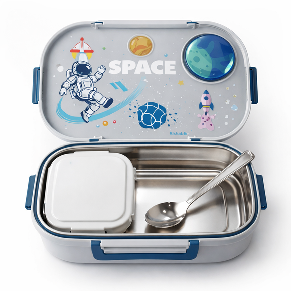 Insulated Steel Lunch Box 500ml with Sweet Box & Spoon | Leak-Proof Kids Tiffin | Hot & Fresh Meals On-the-Go (Grey Alien)