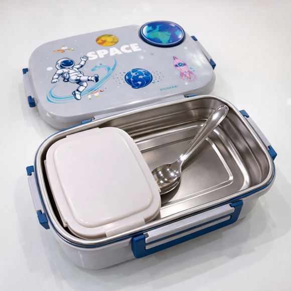 Insulated Steel Lunch Box 500ml with Sweet Box & Spoon | Leak-Proof Kids Tiffin | Hot & Fresh Meals On-the-Go (Grey Alien)