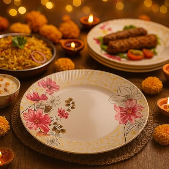 40 Pcs Melamine Dinner Set | Round Design with Dinner Plates, Small Plates, Serving Tray, Bowls with Lids, Spoons & Serving Spoons | Unbreakable & Lightweight Dinnerware (Golden Lining)