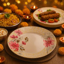 40 Pcs Melamine Dinner Set | Round Design with Dinner Plates, Small Plates, Serving Tray, Bowls with Lids, Spoons & Serving Spoons | Unbreakable & Lightweight Dinnerware (Golden Lining)-3