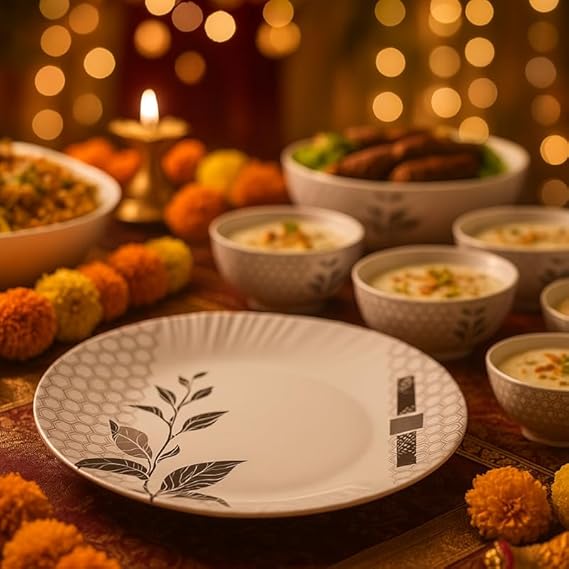 40 Pcs Melamine Dinner Set | Round Design with Dinner Plates, Small Plates, Serving Tray, Bowls with Lids, Spoons & Serving Spoons | Unbreakable & Lightweight Dinnerware (Matte Black)