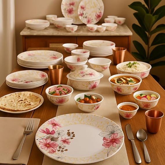 40 Pcs Melamine Dinner Set | Round Design with Dinner Plates, Small Plates, Serving Tray, Bowls with Lids, Spoons & Serving Spoons | Unbreakable & Lightweight Dinnerware (Golden Lining)