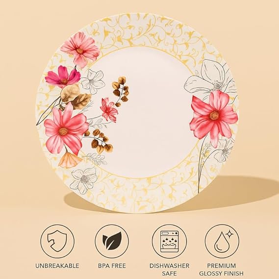 40 Pcs Melamine Dinner Set | Round Design with Dinner Plates, Small Plates, Serving Tray, Bowls with Lids, Spoons & Serving Spoons | Unbreakable & Lightweight Dinnerware (Golden Lining)