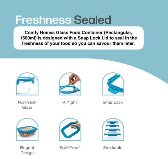 Comfy Homes Collapsible Glass Container Set of 1 | Lunch & Storage Box for School, Office | Easy to carry and Durable |(1500ml)
