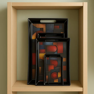 Comfy Homes Durable Multi-Use Premium Printed Rectangular Melamine Serve Ware Set with 3 Trays (Small, Medium & Large) (Wordly Illusion)