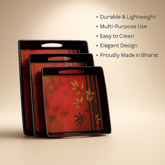 Comfy Homes Durable Multi-Use Premium Printed Rectangular Melamine Serve Ware Set with 3 Trays (Small, Medium & Large) (Mystery Red)