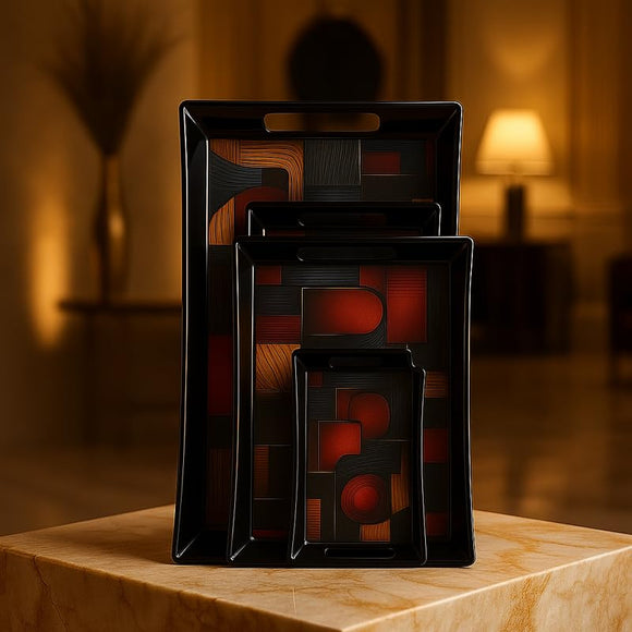 Comfy Homes Durable Multi-Use Premium Printed Rectangular Melamine Serve Ware Set with 3 Trays (Small, Medium & Large) (Wordly Illusion)