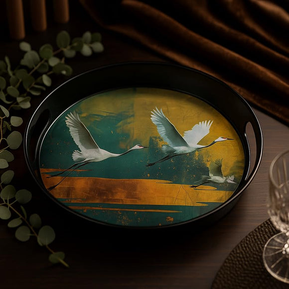 Comfy Homes Round Melamine Tray | Durable, Stackable Serving Tray | Premium Printed Serveware for Kitchen, Dining Table, Coffee Table, Office Desk, Parties, Snacks, Breakfast & More (Bird)