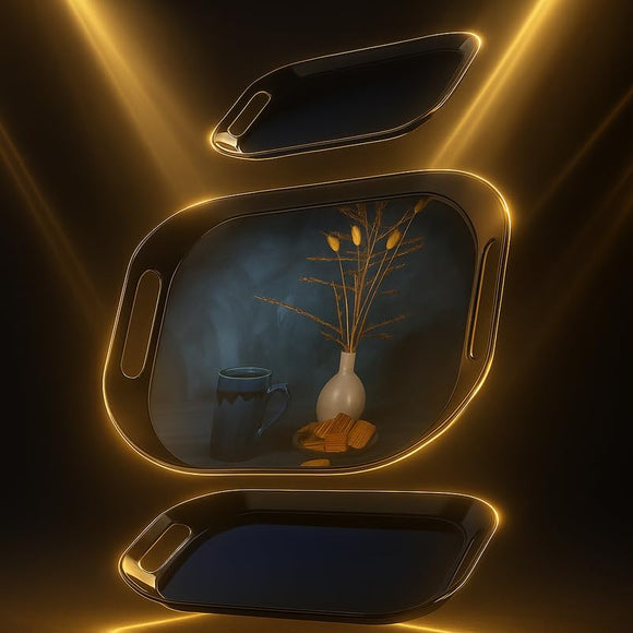 Comfy Homes Durable Multi-Use Premium Printed Rectangular Melamine Serve Ware Set with 3 Trays (Small, Medium & Large) (Quiet Blue)