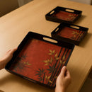 Comfy Homes Durable Multi-Use Premium Printed Rectangular Melamine Serve Ware Set with 3 Trays (Small, Medium & Large) (Mystery Red)-3