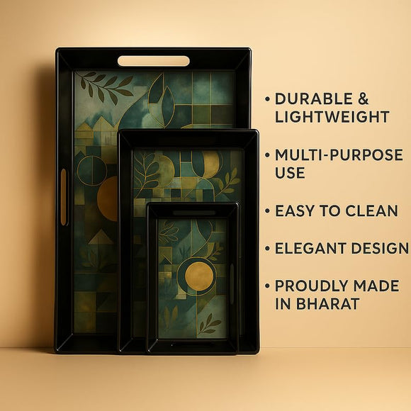 Comfy Homes Durable Multi-Use Premium Printed Rectangular Melamine Serve Ware Set with 3 Trays (Small, Medium & Large) (Mystery Breeze)