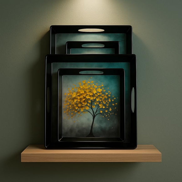 Comfy Homes Durable Multi-Use Premium Printed Rectangular Melamine Serve Ware Set with 3 Trays (Small, Medium & Large) (Autumn Breeze)