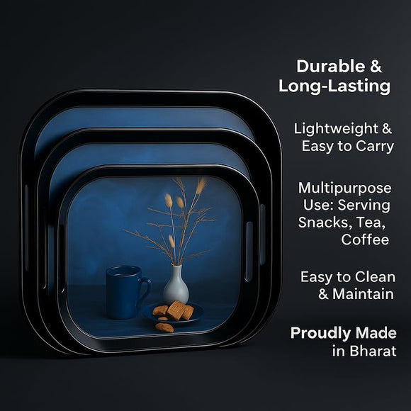 Comfy Homes Durable Multi-Use Premium Printed Rectangular Melamine Serve Ware Set with 3 Trays (Small, Medium & Large) (Quiet Blue)