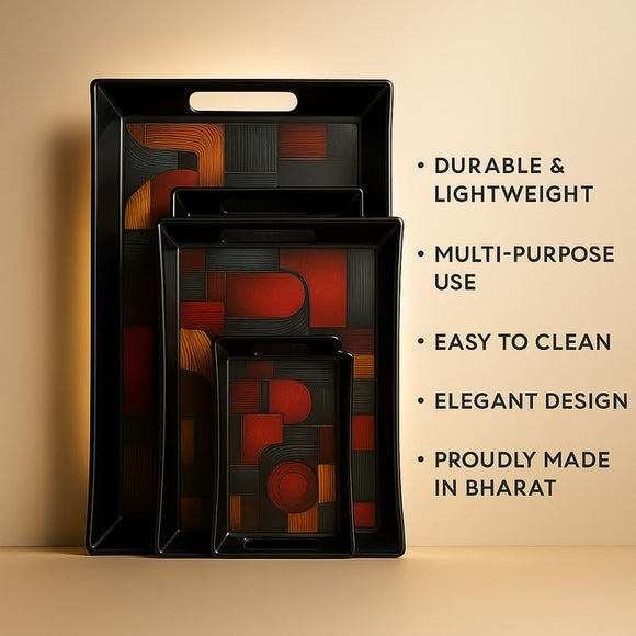 Comfy Homes Durable Multi-Use Premium Printed Rectangular Melamine Serve Ware Set with 3 Trays (Small, Medium & Large) (Wordly Illusion)